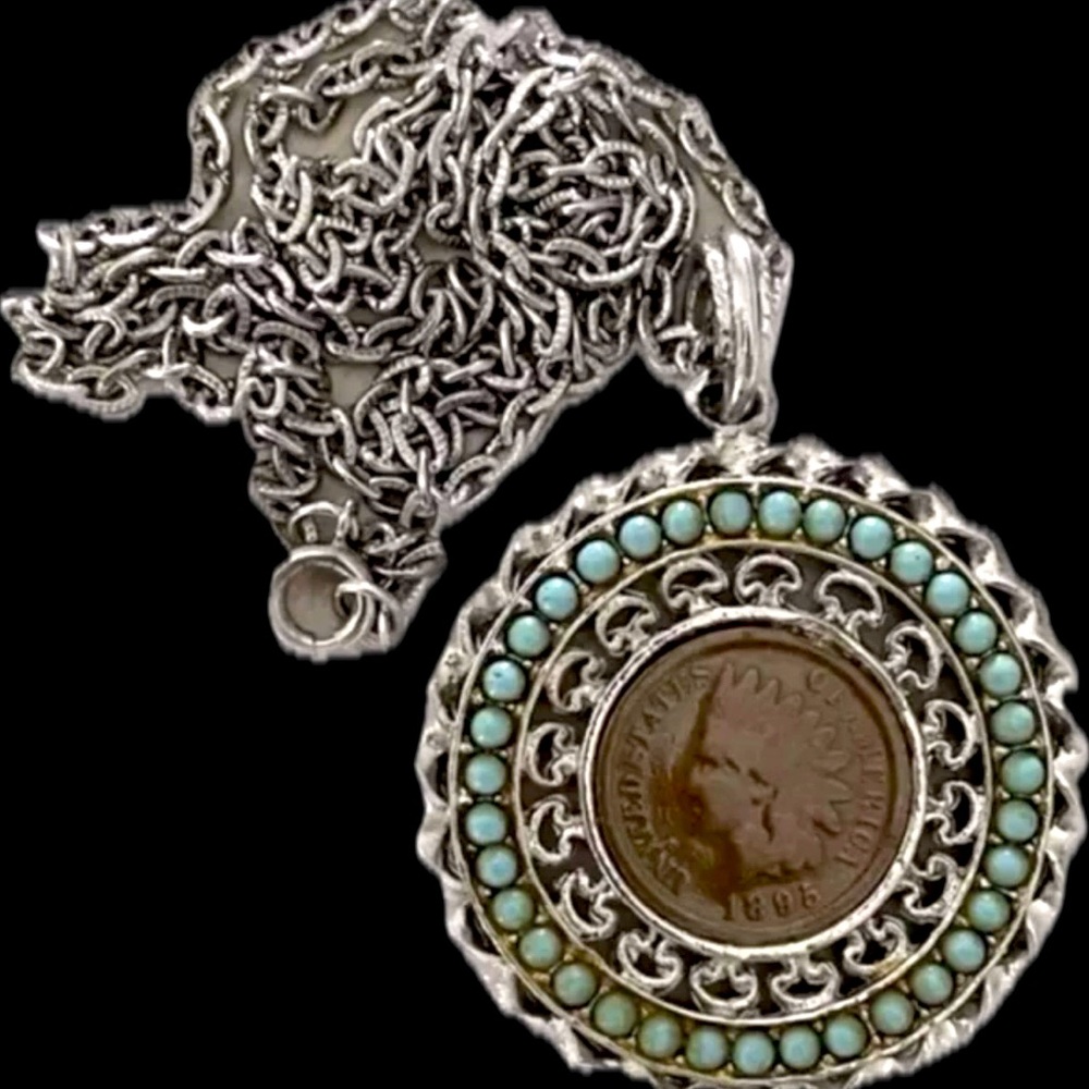 Verified JULIANA Vintage Indian Head Penny Turquoise Cabochon Pendant Necklace